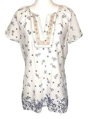 Eddie Bauer Top Tunic Blouse Boho Floral 100% Cotton Feminine Embroidered Large